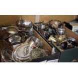 Two Boxes of Silver Plate Wares to Include Goblets, Preserve Dishes, Rose Bowls, Pewter Tankards,