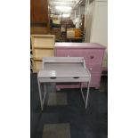 A Pink Painted Three Drawer Bedroom Chest, 80cm Wide together with a Painted Childs Desk
