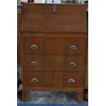 A 1960's Oak Fall Front Bureau with Fitted Top Over Three Long Drawers, 60.5cm Wide