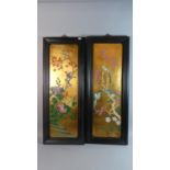 A Pair of Oriental Framed Prints Depicting Parrots, Blossom and Chrysanthemum, Each 80cm high