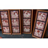 A Set of Four Framed Sets of Three Tiles Depicting Tradesmen, 57cm High