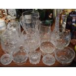 A Tray of Cut Glass to Include Spirit Decanter, Water Jugs, Vases, Bowls, Biscuit Barrel etc