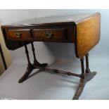 A Reproduction Mahogany Drop Leaf Sofa Table with Two Drawers, Turned Supports and Stretchers, 64.