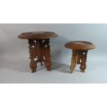 Two Brass Inlaid Indian Circular Tripod Tables with Hinged Pierced Supports, 31cm and 23cm Diameter
