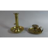 A Brass Bed Chamber Stick and a Georgian Style Brass Candlestick, the Latter 16.5cm high