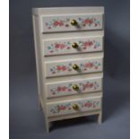 A Painted Five Drawer Narrow Chest with Floral Decoration and Brass Knobs, 36cm Wide