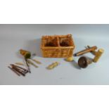 A Miniature Two Division Basket Containing Wooden Barrel Tap, Tools, Table Top Pin Cushion, Lace