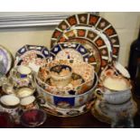 A Tray Containing Various Imari Pattern China to Include Royal Crown Derby Plates, Worcester