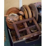 A Box Of Treenware to Include Bowls, Bookrest, Plates, Burr Wood Box etc
