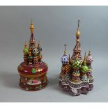 Two Russian Painted Musical Boxes in the Form of Kremlin, Each 27cm High