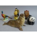 A Beswick Seal, Pheasant, Panda Cub, Yorkshire Terrier and Beatrix Potter Sally Henny Penny