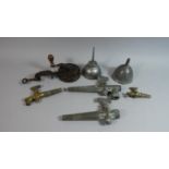 A Vintage Spong Bean Slicer, Singer Sewing Machine Oil Can, Pewter Wine Funnel, Four Barrel Taps etc