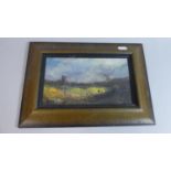 A Framed 19th Century Style Oil on Board Depicting Figures with Sheep Before Ruin, 21.5cm Wide