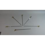 A Set of Six Brass Mounted Stainless Steel Meat Skewers with Animal and Bird Finials, Each 28cm Long