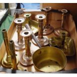 A Tray Containing Pair of Victorian Brass Bed Chamber Sticks, Set of Four Sheffield Plate