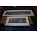 A Pair of Framed Oriental Silk Embroidered Panels Depicting Birds, 61cm and 34cm High