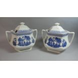 A Pair of Adams "Minuet" Two Handled Hexagonal Blue and White Soup Tureens