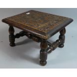 A Small Oak Rectangular Stool with Carved Top and Turned Supports and Stretchers, 30.5cm x 24.5cm