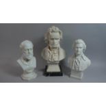 Two Parian Busts of Mozart and Tchaikovsky and a Faux Marble Bust of Beethoven, The Latter 27cm high