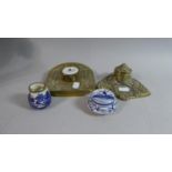 Two Brass Inkwells and Two Blue and White Ceramic Examples,