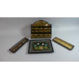 A North Indian Lacquered Stationery Rack and Two Trays, Together with a Russian Lacquered Wooden