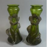 A Pair of Green Glass Art Nouveau Vases with Floral Decoration in Relief, 20cm High, Some Nicks