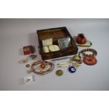 An Oriental Lacquered Two Handled Workbox Containing Costume Jewellery, Powder Compacts,