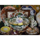 A Tray of Ceramics to Include Masons Green Chartreuse Jug and Fruit Bowls, Royal Crown Derby Imari