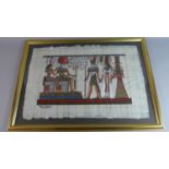 A Framed Egyptian Painting on Papyrus Depicting Seated Pharaoh, 68cm Wide