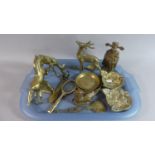 A Tray of Brasswares to Include Animal and Figural Ornaments, Cat Dishes, Roosting Pheasant etc