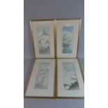 A Set of Gilt Framed Oriental Paintings on Silk Depicting Storks, Dragonflies and Cockerel, each
