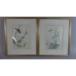 A Pair of Framed Oriental Paintings on Silk, Butterfly and Sparrow, Each 19cm high