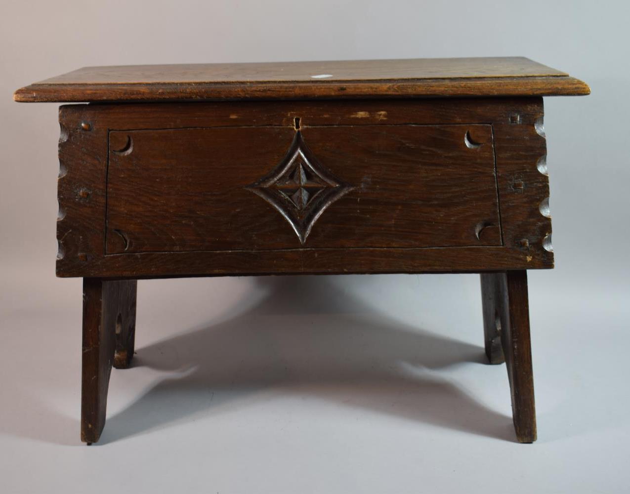 An Early 20th Century Oak Box Stool with Carved Lozenge Decoration to Front, 60cm Wide