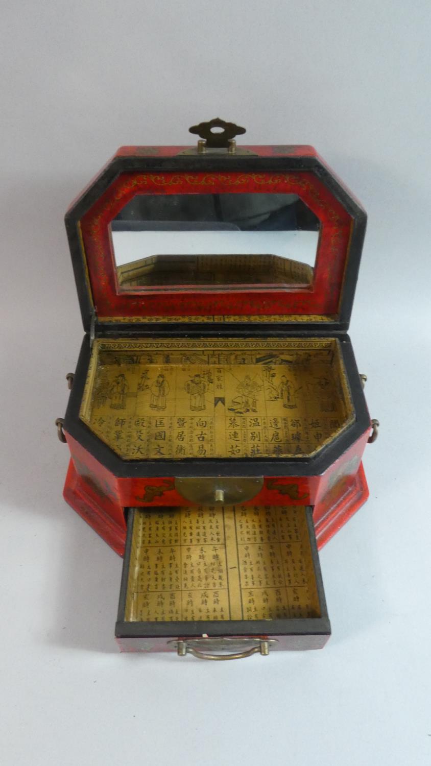 An Oriental Lacquered Reproduction Travelling Jewellery Box with Hinged Lid Having Inner Mirror, - Image 2 of 2