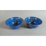 A Pair of Oriental Blue Enamelled Bowls with Wire Work Decoration Depicting Blossom, 10cm Diameter