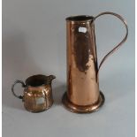 A Large Victorian Copper Cylindrical Jug and a Smaller Example with Lobed Body and Etched