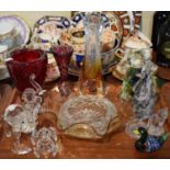 A Tray Containing Various Coloured Glass Vases, Paperweight and Shannon Crystal Elephants,