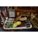 A Tray Containing Curios to Include Bed Chamber Sticks, Beer Mats, Cash Tin, Cutlery, Barometer etc