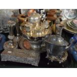 A Tray Containing Various Silver Plated Items to Include Candle Sticks, Teapot, Jewellery Box,