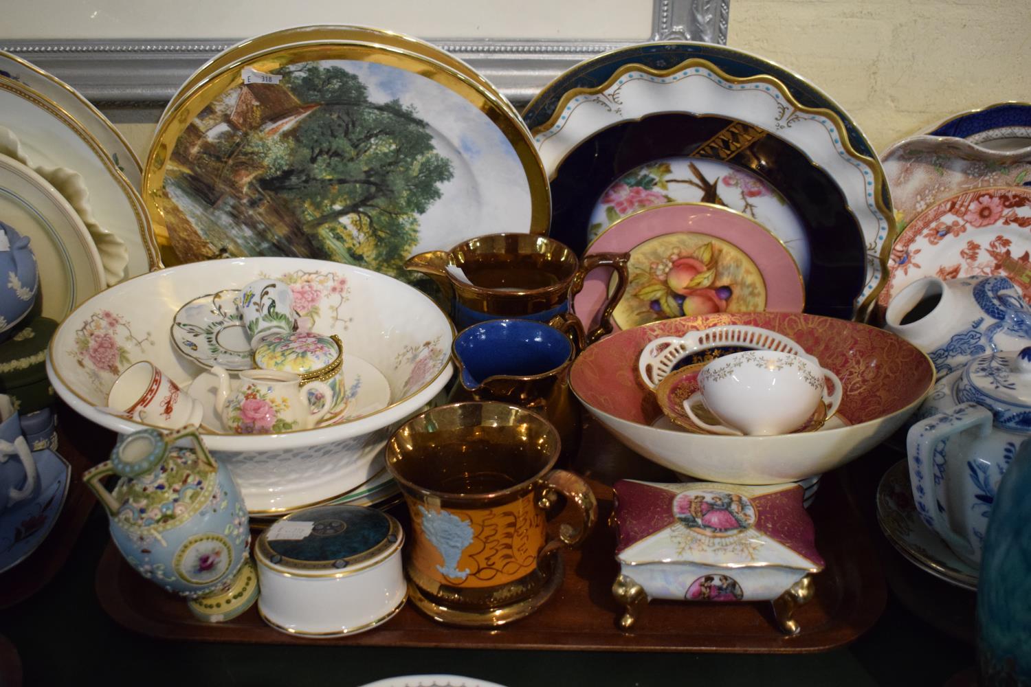 A Tray Containing Copper Lustre Jugs and Tankard, Decorated Plates, Continental Items, Boxes Etc