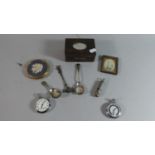 A Tray of Curios to Include Two Pocket Watches, Tea Caddy Spoon, Ladies Powder Compact, Whistle,