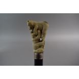 A Gents Ebonised Thornwood Walking Cane with Carved Antler Finial Depicting Two Bears Fighting