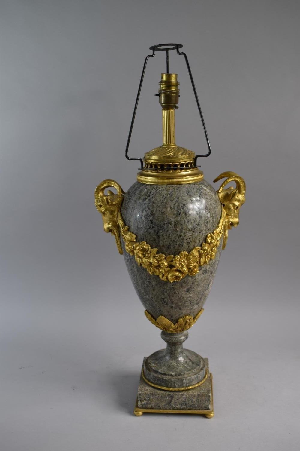 A Large French Ormolu Mounted Polished Marble Table Lamp of Vase Form with Rams Head Carrying - Image 2 of 2