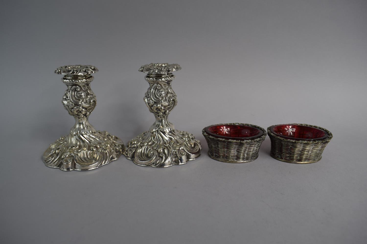 A Pair of Silver Plated Rococo Style Candlesticks Together with a Pair of Silver Plated Salts in the - Image 2 of 4