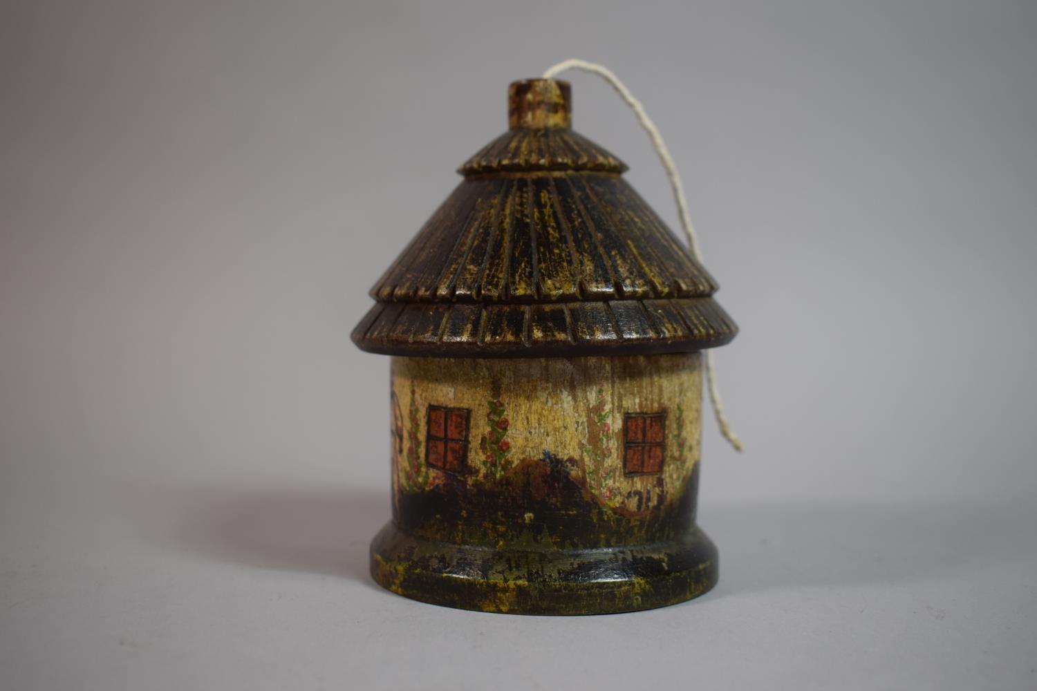 A 19th Century Treen String Box Modelled as a Circular Cottage or Lodge, Painted and Carved - Image 3 of 4