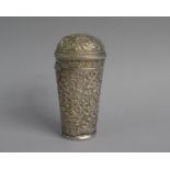 An Indian White Metal Flask of Tapering Form with Hinged Lid and Repousse Relief Decoration, 14cm