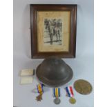 A WWI Death Plaque for Private T Wiggin, Gordon Highlanders S-11115 Together with His Medals, Helmet