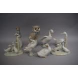 A Collection of Eight Lladro and Nao Ornaments to Include Girl with Pig, Owl, Ducks etc