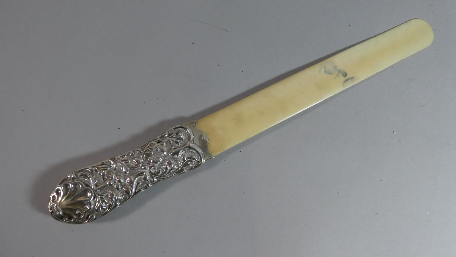 A Late 19th Century Silver Mounted Ivory Bladed Page Turner, Hallmark Rubbed. 40cms Long - Image 2 of 3