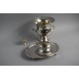 A Silver Plated Oval Card Tray on Four Scrolled Feet, an Ice Bucket and a Mustard Pot